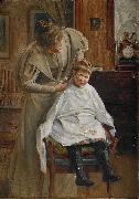 Robert Lundberg Mother cutting the hair Spain oil painting artist